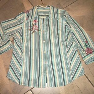 Avenue Blue Striped 3/4 Sleeve Cotton Blouse 14 16